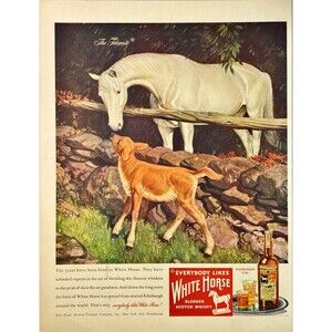 White Horse Scotch Whisky "Drawing of White Horse and Fawn"Vintage Print Ad 1946